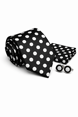 Gravata de seda Jacquard Preta c/ lenço + abotoaduras