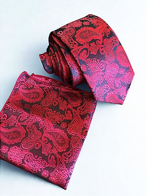 Gravata Tradicional 100% seda Jacquard + Lenço & Abotoaduras GRPR-100 Cor:Vermelho