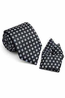 Gravata preta com flores brancas 100% seda