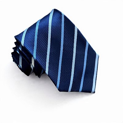 Gravata azul com listras diagonais brancas e azul
