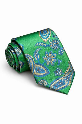 Gravata paisley Verde com detalhes azul 8cm