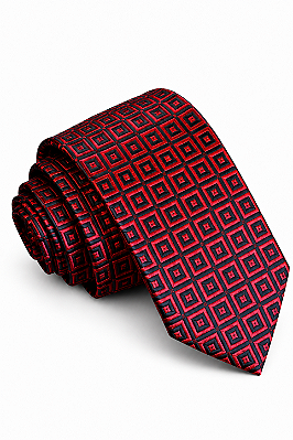 Gravata Masculina Vermelha e Preta Geométrica – Elegância e Personalidade