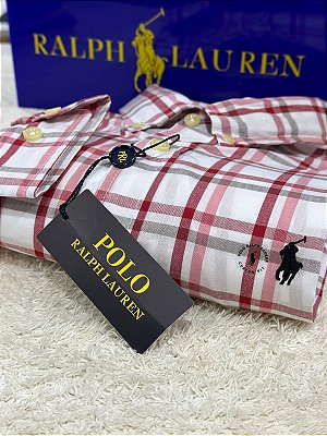 Camisa Ralph Lauren Masculina Custom Fit Plaid Branca e vermelha