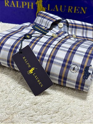 Camisa Ralph Lauren Masculina Manga curta Xadrez Branco e marinho