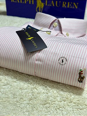 Camisa Ralph Lauren Masculina Manga curta COM BOLSO Oxford Listrada Rosa