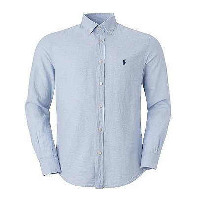 Camisa Ralph Lauren Masculina Custom fit Linho Azul claro