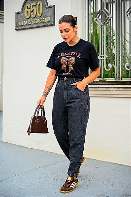 Calça Feminina Jeans Mom Slouchy Black Denim Godli