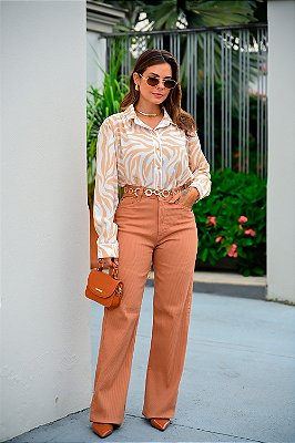 Calça Feminina Color Wide Leg Cotelê Mocha Mousse Godli