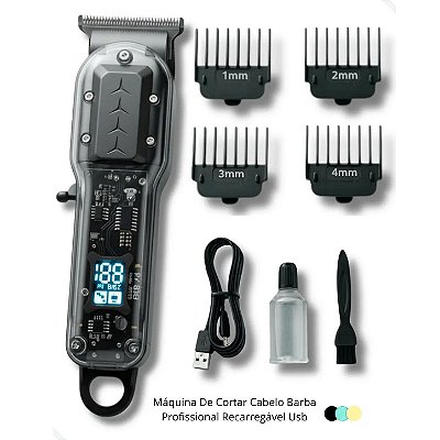 Máquina de Cortar Cabelo Profissional Sem Fio Recarregável Display LED Barbeador Aparador