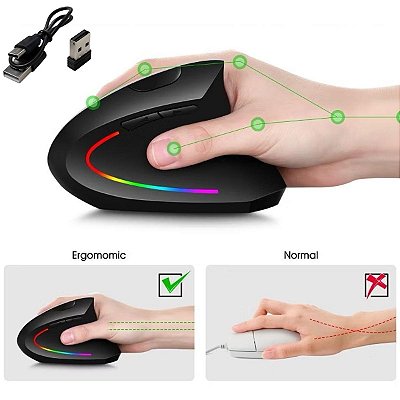 Mouse Vertical Sem Fio 2.4G Recarregável Ergonômico RGB 3 DPI AL-853