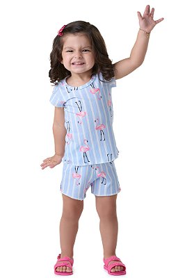 Conjunto Estampado Infantil -flamingo e listras  verão,fresquinho e confortável para meninas detalhe frufru1 a 3 anos