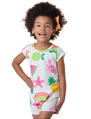 Conjunto Estampado Infantil -Frutinhas  verão,fresquinho e confortável para meninas detalhe frufru1 a 3 anos