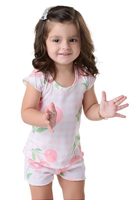 Conjunto Estampado Infantil - cereja  verão,fresquinho e confortável para meninas detalhe frufru1 a 3 anos
