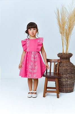 Vestido Analu em linho bordado -rosa chiclete ou branco