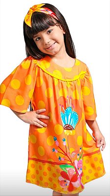Vestido Flor - Poá laranja e amarelo