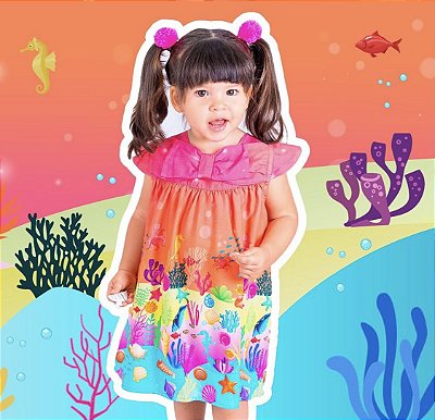 Vestido - Coleção Fundo do Mar - Sereia  - Rosa  com laço