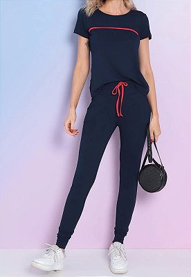 Conjunto Maria Paes Calça e Blusa Marinho com Viés Vermelho