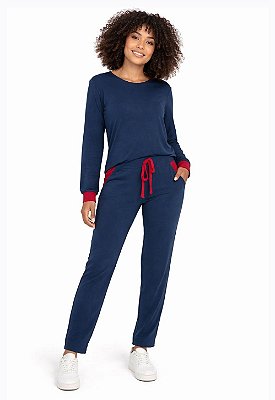 Conjunto Maria Paes Calça e Blusa Manga Longa Marinho e Vermelho