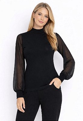 Blusa Maria Paes Manga Longa Tule Preto