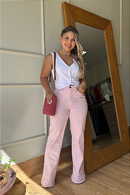 Calça Pantalona Paige - Sarja Rosa Bebê