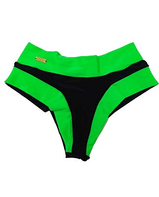 Calcinha biquíni conforto cintura alta bum bum fio duplo preta com verde neon