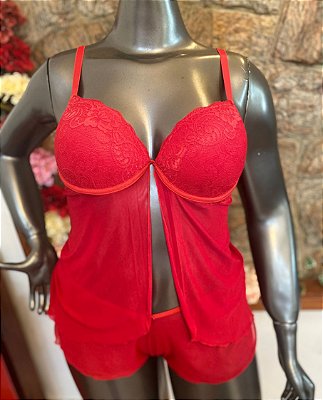 Baby Doll Pijama Tule com Bojo e Aro Vermelho Babi