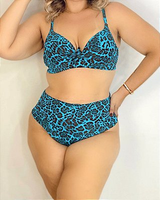 Calcinha Biquíni Cós Médio Semi Fio duplo Plus Size Onça Azul Neon