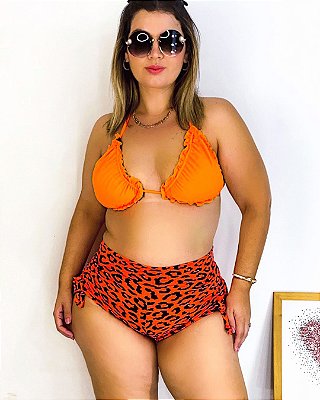 Shorts sunquini franzido Plus size laranja Animal Print Teca