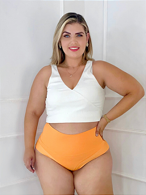 Calcinha conforto cintura super alta com forro de algodão semi fio duplo laranja pessego