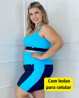 Conjunto Top Clara + Bermuda Lia com bolso Azul céu