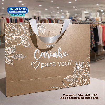 Sacola de Papel - Arte Frase: "Com Carinho para Você" (Pronta Entrega) 24x34x10CM