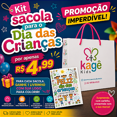 KIT Dia das Crianças - Sacola de Papel Personalizada G 34x24x10 cm + Livrinho colorir | Universo Color - UP