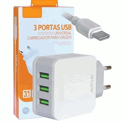 Carregador USB para Tipo C 3.1A 3xUSB