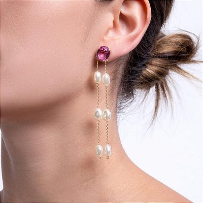 BRINCO OVAL ZIRCONIA COLORIDA COM CAIDA EM PÉROLAS FACETADAS NO BANHO OURO18K