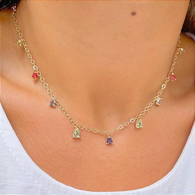 COLAR GOTAS CRISTAL TURMALINA ROSA NO BANHO OURO18K