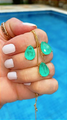 CONJUNTO GOTA ESMERALDA COLOMBIANA FUSION NO NO BANHO OURO18K