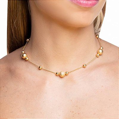 COLAR BOLAS FOSCAS 8mm E 10mm BANHADAS A OURO18K