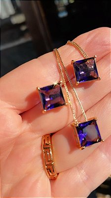 CONJUNTO ZIRCONIA QUADRADA ROXA NO BANHO OURO18K