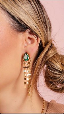 CONJUNTO GOTA TURMALINA COM FRANJA MINI MEDALHAS NO BANHO OURO18K