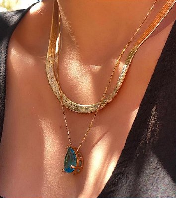 CONJUNTO GOTA AZUL PRINCESA NO BAHO OURO18K