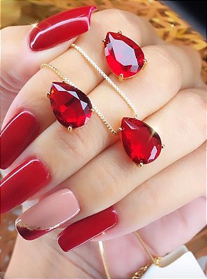 CONJUNTO GOTA RUBI NO BANHO OURO18K