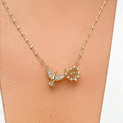 COLAR ESCAPULÁRIO ESPIRITO SANTO CORAÇÃO NO BANHO OURO18K