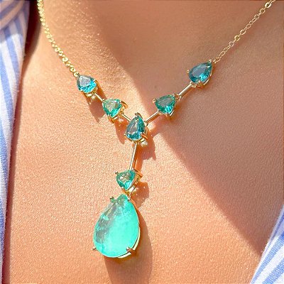 COLAR GOTA FUSION TURMALINA COM CRISTAIS LONDON BLUE E PARAIBA NO BANHO OURO18K