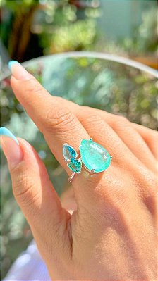 ANEL GOTA FUSION TURMALINA COM CRISTAIS LONDON BLUE E PARAIBA NO BANHO OURO18K