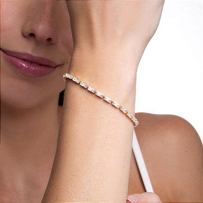 PULSEIRA RIVIERA BAGUETES ZIRCONIAS CRISTAL  BANHADO A OURO