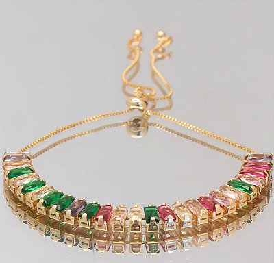 PULSEIRA RIVIERA BAGUETES ZIRCONIAS COLORIDAS COM FECHO REGULÁVEL NO BANHO OURO
