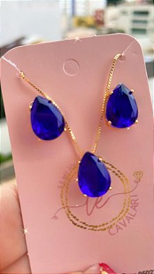 CONJUNTO GOTA AZUL SAFIRA NO BANHO OURO18K