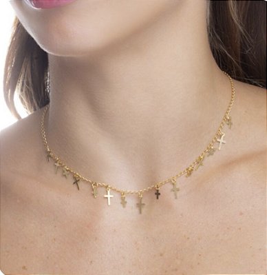 Choker pingentes mini Cruz no banho ouro18k