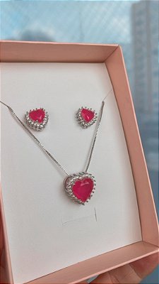 Conjunto coração pink Fusion com cravação zirconias cristal no ródio branco
