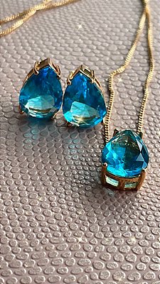Conjunto gota azul skay no banho ouro18k